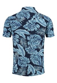 Korte mouwen Hawaiiaans shirt in marineblauw, met lichtblauwe tropische bladeren patronen en een kraagontwerp. Getextureerde stof.