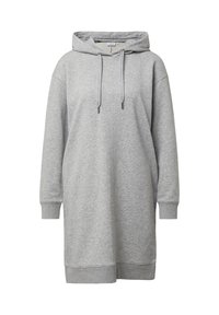 Szara sukienka z kapturem, długie rękawy, ściągacze na mankietach i u dołu, regulowane sznurki, miękka tekstura, luźny fason.