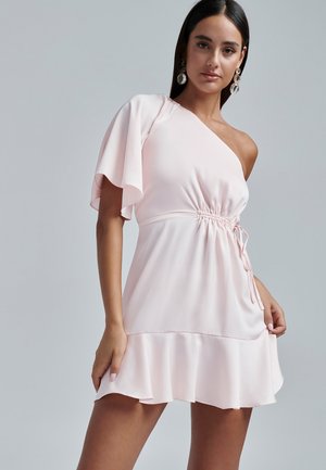 Pink one-shoulder dress made of smooth fabric with ruffled sleeve, cinched waist, and flared hemline.