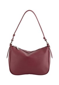 Bolso de mano de cuero burdeos con forma curva, superficie texturizada, correa única y cremallera en tono plateado. Presenta acentos atados y bordes cosidos.