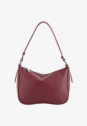 Burgunderfarbenes Lederhandtasche mit geschwungener Form, strukturiertem Oberfläche, einem Riemen und Reißverschluss in Silberoptik. Sie hat gebundene Akzenten und genähte Kanten.