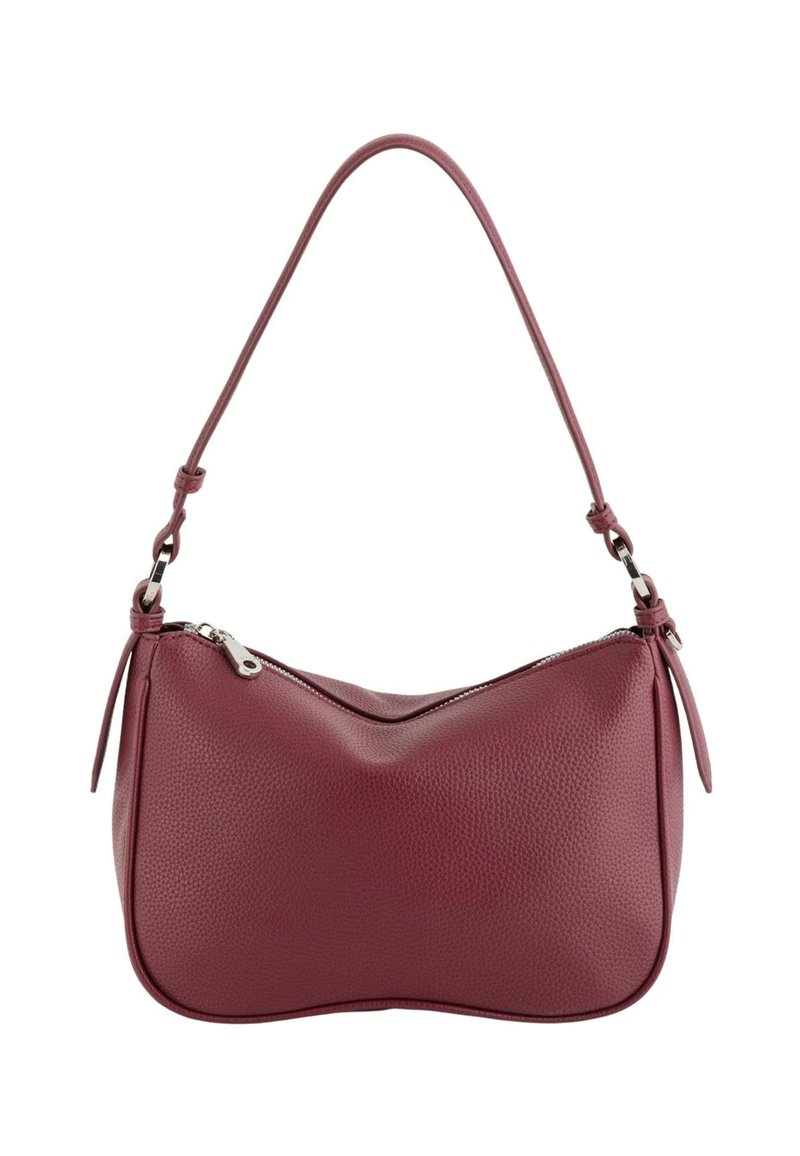 Bolso de mano de cuero burdeos con forma curva, superficie texturizada, correa única y cremallera en tono plateado. Presenta acentos atados y bordes cosidos.