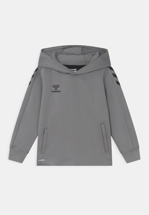 Felpa grigia con tasca a marsupio, maniche lunghe e strisce nere sui gomiti. Realizzata in un tessuto morbido e testurizzato.