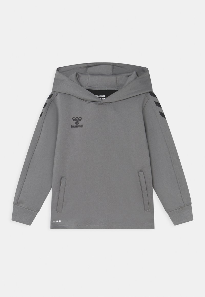 Grå huvtröja med en känguruficka, långa ärmar och svarta accentlinjer på axlarna. Tillverkad av mjukt, texturerat tyg.