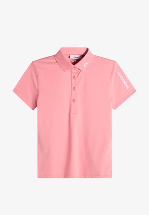 Polo rosa de manga corta con tres botones, cuello y la marca blanca "J.LINDEBERG" en el cuello y la manga derecha.