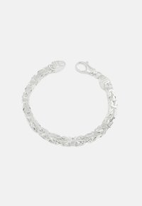 Silberne Kettenarmband mit ineinandergreifenden ovalen Gliedern und einem sicheren Karabinerverschluss; polierte Oberfläche und durchgehend glatte Textur.