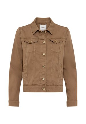 Veste en jean marron boutonnée avec col, deux poches à rabat sur la poitrine et manches longues.