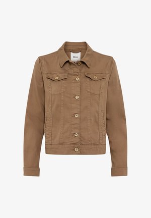 Veste en jean marron boutonnée avec col, deux poches à rabat sur la poitrine et manches longues.