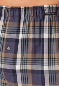 Boxers pour hommes dans un motif à carreaux multicolore comprenant des teintes de bleu marine, marron et vert ; taille élastique ; petite touche de logo.