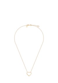 Złoty naszyjnik z cienkim łańcuchem, z zawieszką w kształcie pustego serca. Wzór serca jest gładki i minimalistyczny, o delikatnym wyglądzie.