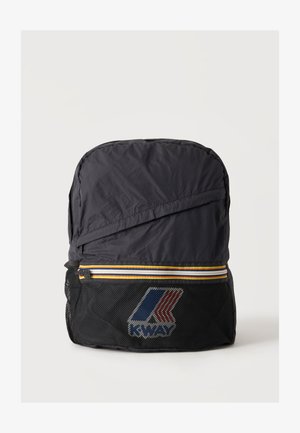 Black K-Way backpack with front mesh pocket, colorful striped zipper, and angled zipper detail on top against a plain light background.