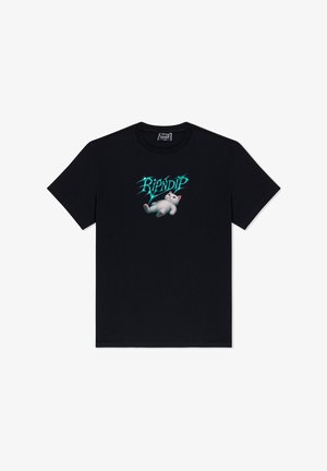 Czarny T-shirt z krótkim rękawem z neonowo niebieskim napisem "RIPNDIP" nad białym kotem leżącym na plecach na środku klatki piersiowej.
