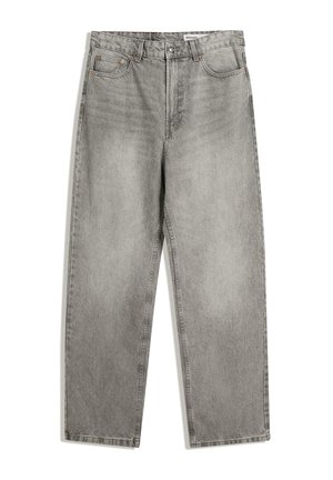 Gray denim trousers with a straight-leg cut, featuring front pockets, a button closure, and subtle faded texture.