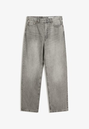 Grijze denimbroek met een rechte pijp, voorzien van voorzakken, een knoopsluiting en een subtiele vervaagde textuur.