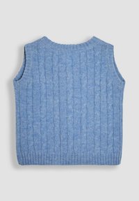 Maglioncino senza maniche a trecce blu con scollo a coste, giromanica e orlo, posato piatto su uno sfondo grigio.