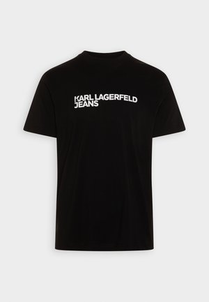 Black cotton t-shirt with a crew neck, featuring white text "KARL LAGERFELD JEANS" across the front. Short sleeves and classic fit.