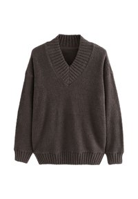 Hall, paksu ja pehme villane kampsun V-kaelusega, soonikkoes krae ja varrukaotsadega. Lõdvalt istuv, tekstuurse pinnaga ja ühtlase värvitooniga.