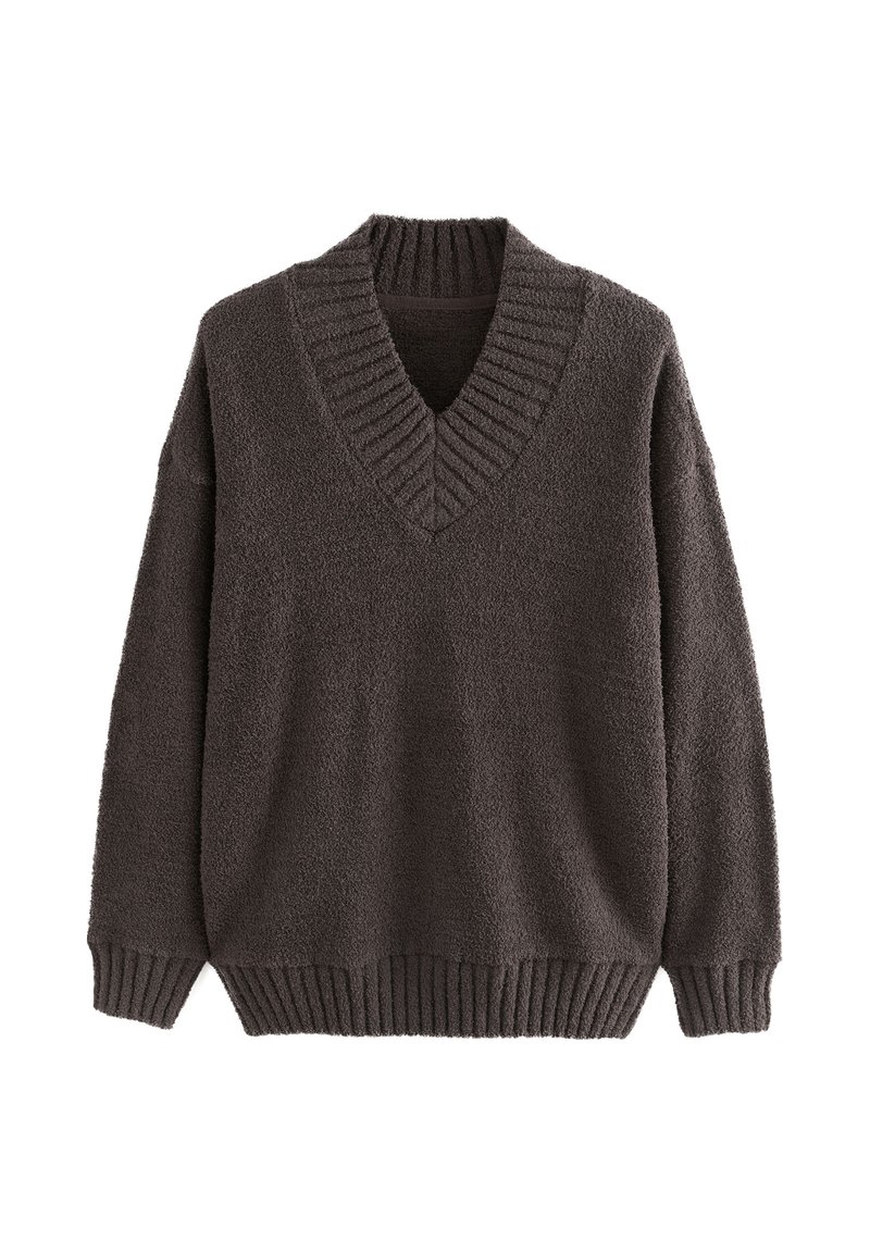 Hall, paksu ja pehme villane kampsun V-kaelusega, soonikkoes krae ja varrukaotsadega. Lõdvalt istuv, tekstuurse pinnaga ja ühtlase värvitooniga.