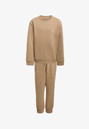 Beżowa bluza i pasujące spodnie dresowe, wykonane z miękkiej tkaniny. Bluza ma okrągły dekolt i haftowane logo; spodnie posiadają boczne kieszenie.