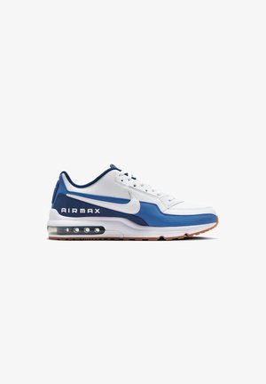 White and blue sneaker with a rubber sole, air cushioning, textured leather, and mesh upper, featuring "AIRMAX" branding on the side.