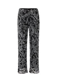Black pants covered in shiny silver sequins with lace trim at the hem, straight-leg style, displayed on a white background.
