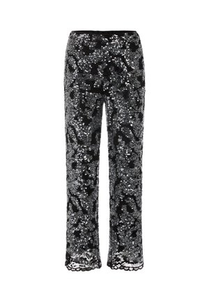 Schwarze Hosen, die mit glänzenden silbernen Pailletten bedeckt sind und an dem Saum mit Spitze verziert sind, im geraden Bein-Stil, auf einem weißen Hintergrund präsentiert.
