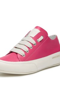 Pink leather sneaker with white rubber sole, gray laces, and embossed brand logo on the tongue. Rounded toe and smooth texture.