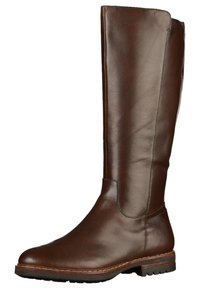 Brązowy skórzany kozak za kolano o gładkiej fakturze, zaokrąglonym nosku, niskim obcasie i minimalistycznym wzornictwie. Z subtelnymi przeszyciami wzdłuż podeszwy.