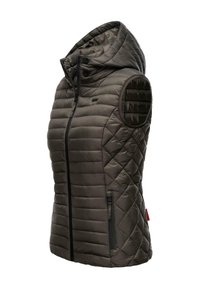 Vadderad väst i mörkgrått med huva, dragkedja fram och sidfickor. Har quiltad textur och slät yta. Ärmömlös design.