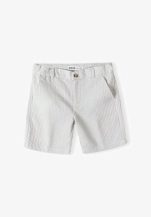 Shorts en coton à rayures blanches et gris clair avec poches avant, passants pour ceinture et fermeture par bouton.