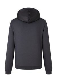 Dunkelgrauer, langärmliger Hoodie mit einer gepolsterten schwarzen Kapuze, gerippten Bündchen und Saum, von hinten auf einem weißen Hintergrund gezeigt.