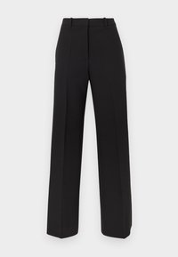 Μαύρο παντελόνι με φαρδιά μπατζάκια από λείο ύφασμα, με ψηλή μέση, διπλές πιέτες στο μπροστινό μέρος και κρυφές πλαϊνές τσέπες.