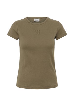 Olivzaļš īsroku ribots T-krekls ar apaļu kakla izgriezumu un mazu izšūtu abstraktu logotipu krūtīs centrā.