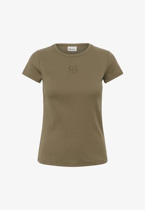 Olivgrünes, kurzärmeliges, geripptes T-Shirt mit rundem Ausschnitt und kleinem, gesticktem abstraktem Logo mittig auf der Brust.