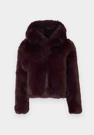 Burgundy faux fur cropped jacket with a hood, featuring soft texture, long sleeves, and a buttoned front closure.