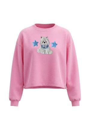 Lyserød sweatshirt med lange ærmer med en hvid hund iført en blå ternet butterfly og to blå stjerner på brystet.