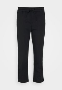 Pantalons en coton mélangé légers et noirs avec une taille élastique et un cordon de serrage. Jambes droites avec un ourlet net et une texture lisse.
