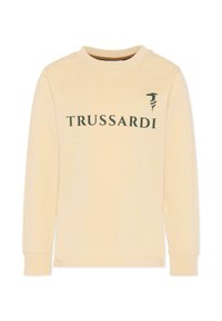 Beżowa koszulka z długim rękawem, wykonana z bawełny, z okrągłym dekoltem, na której widnieje napis "TRUSSARDI" w ciemnozielonym kolorze oraz graficzne logo na piersi.
