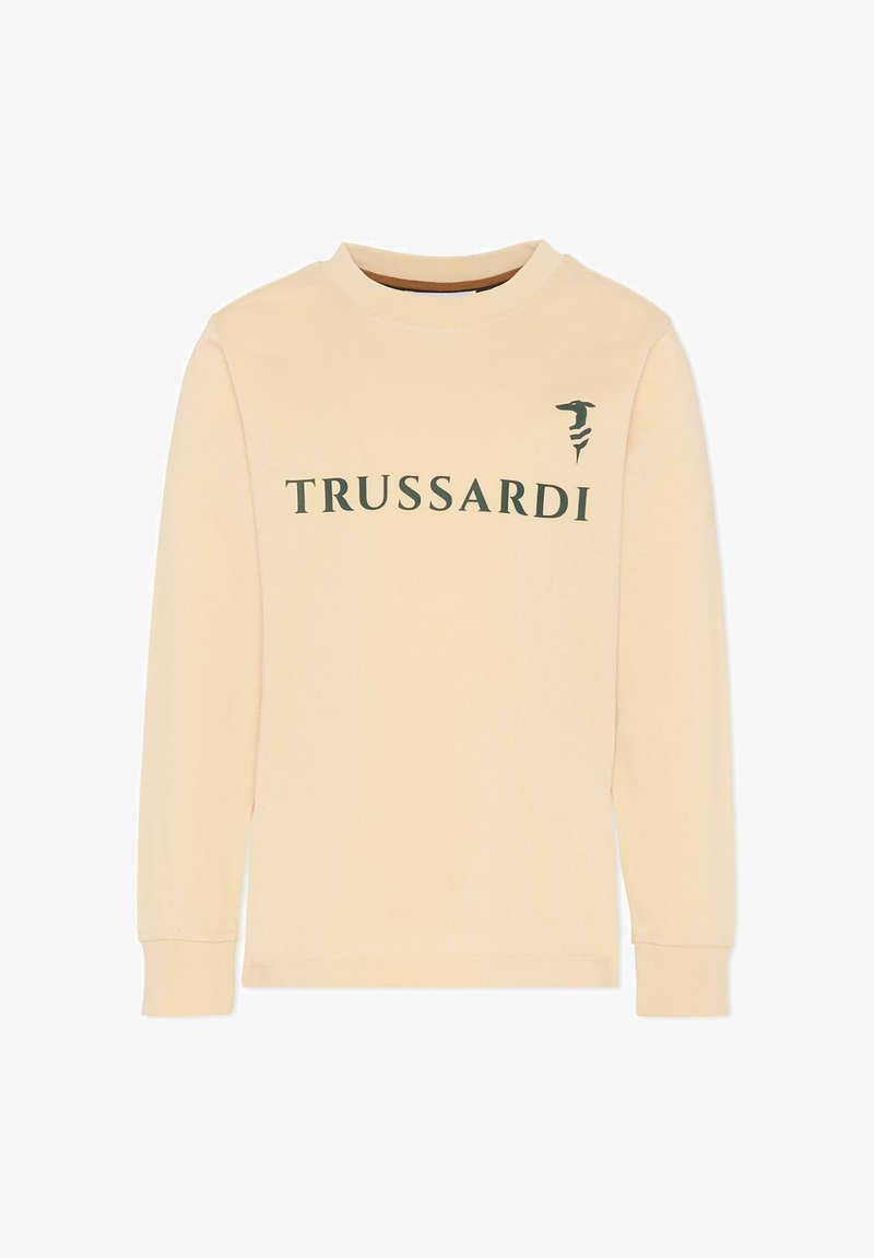 Beżowa koszulka z długim rękawem, wykonana z bawełny, z okrągłym dekoltem, na której widnieje napis "TRUSSARDI" w ciemnozielonym kolorze oraz graficzne logo na piersi.