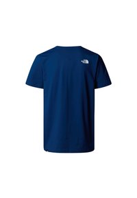 Námořnická modrá bavlněná tričko s krátkým rukávem, kulatým výstřihem a malým bílým logem na horní části zad. Hladká textura, uvolněný střih.