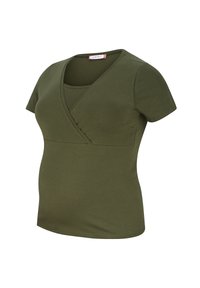 Olijfgroen zwangerschapsblouse met korte mouwen, v-hals en kruisdessin. Gemaakt van zachte, rekbare stof voor optimaal comfort.