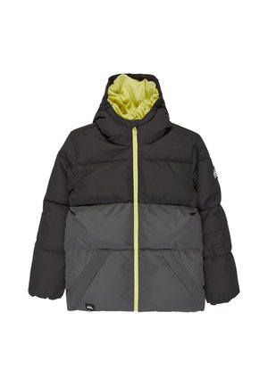 Padded hooded winter jacket with black upper, gray lower sections, yellow zipper and yellow inner hood lining.