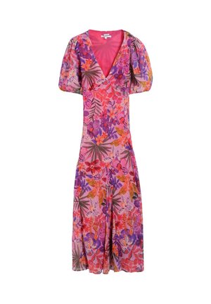 Vestido midi con mangas abullonadas, escote en V profundo y estampado vibrante de flores y hojas en rosa, púrpura y naranja.