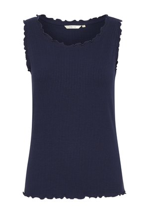 Laivaston sininen röpelö tank top, jossa on aaltoileva pääntie ja hihansuiden reunat. Kangas on pehmeä ja vartaloa myötäilevä, ja helma on suora.