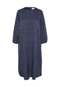 Mörkblå klänning med ett texturerat blommönster, rund halsringning, långa puffärmar och en subtil A-linjeform, med en dragkedja bak.