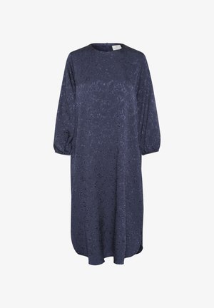 Navy-blaues Kleid mit einem strukturierten floralen Muster, rundem Ausschnitt, langen Puffärmeln und einer dezenten A-Linie, ausgestattet mit einem Reißverschluss auf der Rückseite.