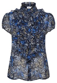Läpinäkyvä lyhythihainen paita, jossa on sinisiä, beigejä ja valkoisia kukkakuosia, rypytetty etuosa, korkea kaulus ja napitus.