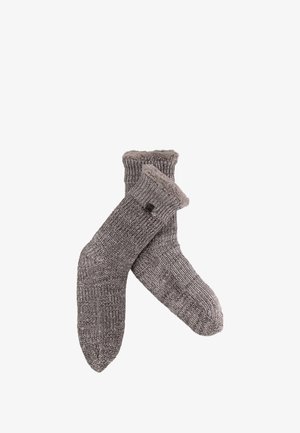 Gray knitted socks with a textured pattern, cuffed top, and soft fur lining. Features a small brand tag on one side.