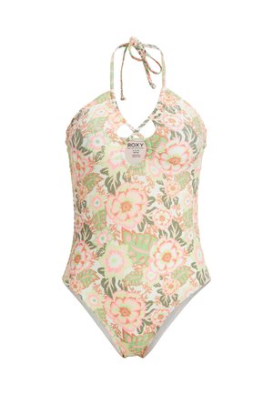 Bloemen badpak in een pastelkleurpalet, met halternek ontwerp, sleuteldeetail en een mix van roze, groen en beige tinten.