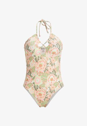 Kwiatowy jednoczęściowy strój kąpielowy z pastelową paletą kolorów, z dekoltem na szyi i otworem w kształcie łezki, w połączeniu różowych, zielonych i beżowych odcieni.